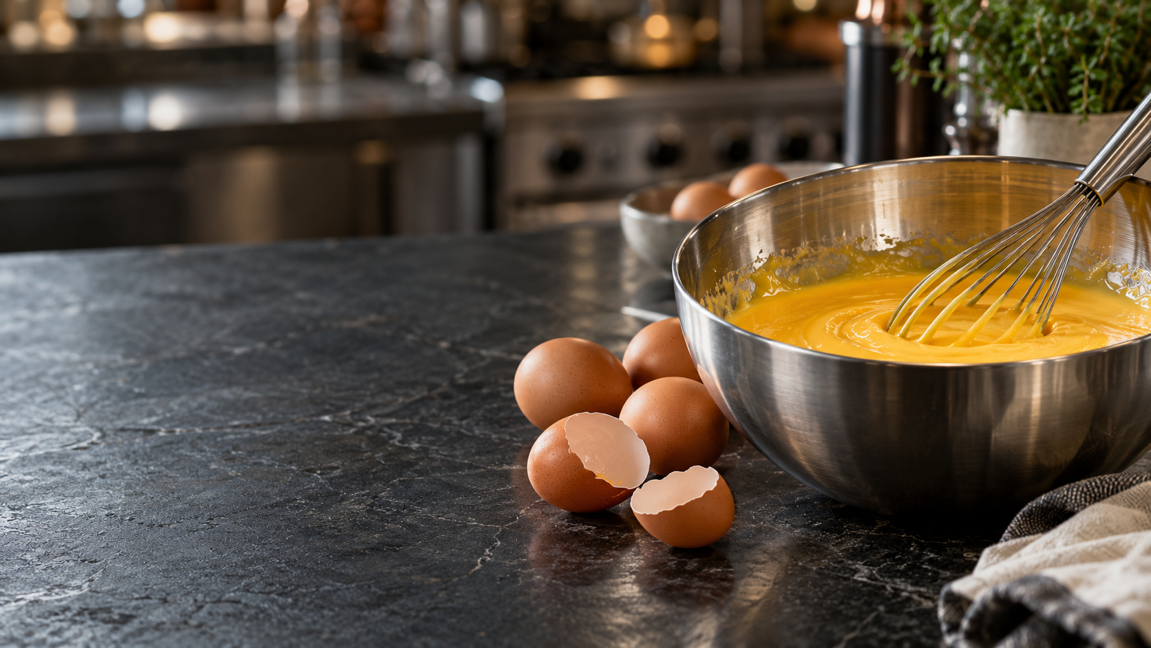 Fresh eggs and a stainless mixing bowl with glossy egg yolk emulsion in a refined professional food development kitchen